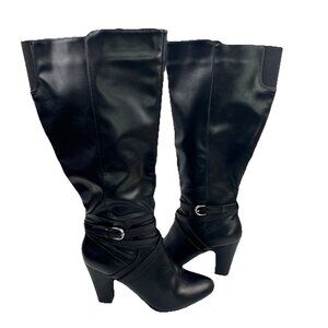 Womens Sz 8W Black Heeled Boots Elsie Faux Leather Knee High 3.5" Heel 143 Girl